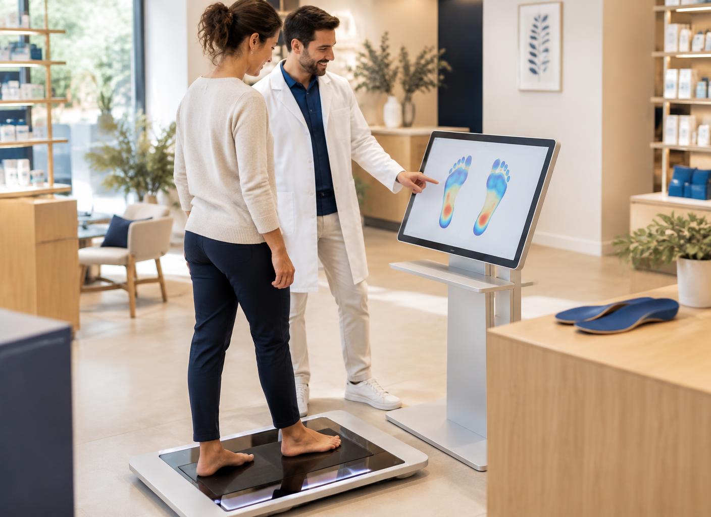 Pharmacien accompagnant un patient sur un dispositif d'analyse des appuis plantaires, écran présentant les empreintes et paire de semelles orthopédiques